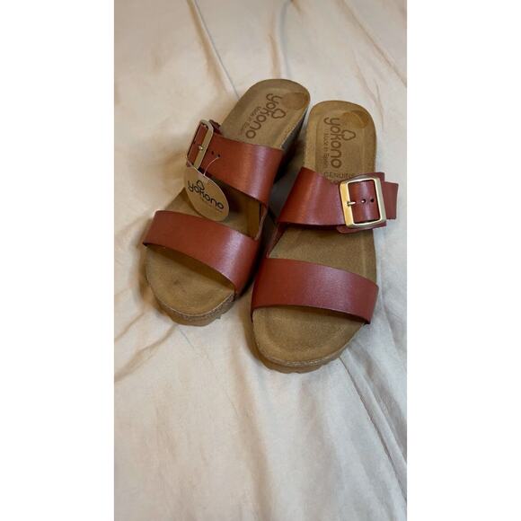 Yokomo Yokono Leather Sock Cognac Big Buckle Slip On Wedge Sandals Size 8 - Picture 4 of 4